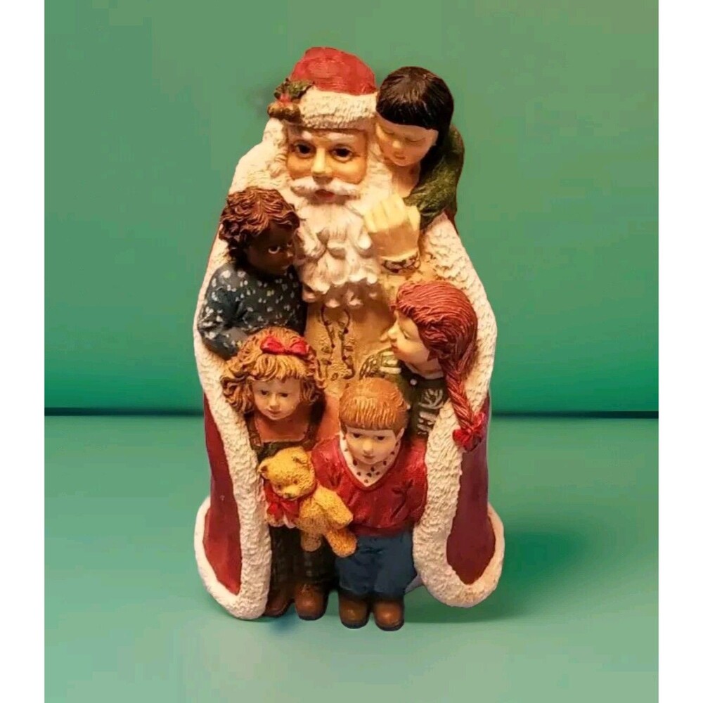 Santa Holding Children Red Robe Claus & Kids Figurine, Plays It's A Small World